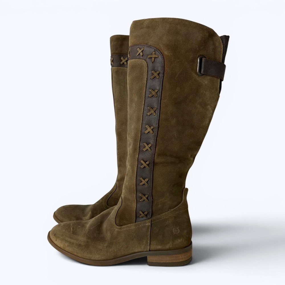 Born Albi Tall Boots‎ Green Suede Leather Trim Cross Stitch Western F72502 Sz 7